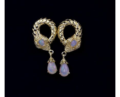 A boxed pair of 925 silver gilt opal set drop earrings, L. 3.5cm.