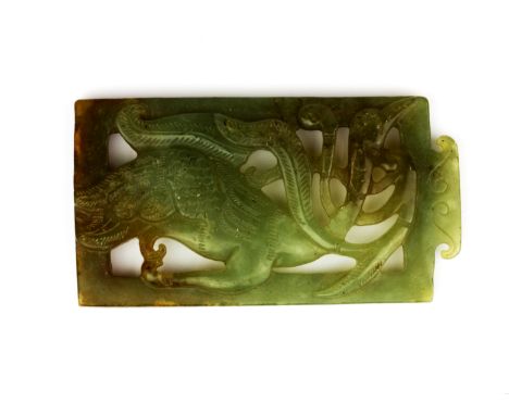 A Chinese carved jade/hardstone amulet decorated with a crane, L. 8.5cm.