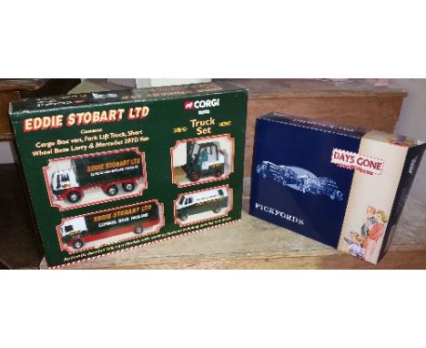 A Corgi Eddie Stobart Truck Set (with Cargo Box Van, Fork Lift Truck, Short Wheel Base Lorry  & Mercedes 207D Van), along wit