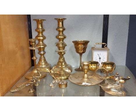 Two Pairs of Brass Candlesticks, together with a chamber candlestick, pr. cauldrons, pr. birds, a modern carriage clock and t