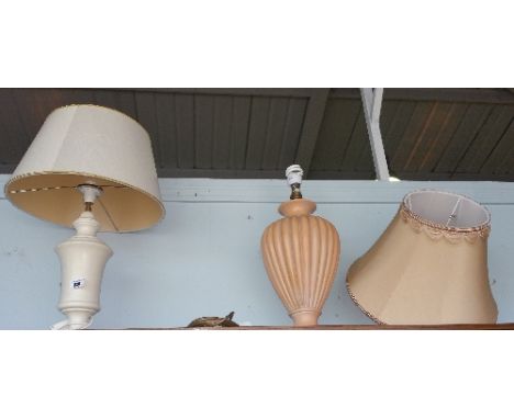 A Modern Peach Coloured Reeded Table Lamp, with shade, with A Modern Cream Table Lamp and Shade.