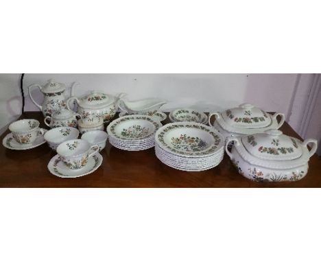An Adams 'Country Meadow' Pattern Part Dinner & Tea Service to include a pair of vegetable tureens, 13 bowls in two sizes, gr