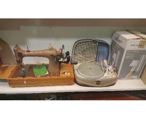 A Singer Sewing Machine &amp; Cover, a Portable Record Player &amp; an Electric Fan (3).