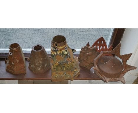 A Large 19th Century Cast Iron Hopper, together with Bulbous Cast Iron Supports and Four Cast Iron Items, Tops, etc.
