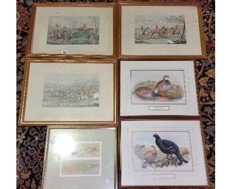 A Coloured Print after Snaffles 'Bang Tails'; along with three hunting engravings and two coloured prints of game birds.