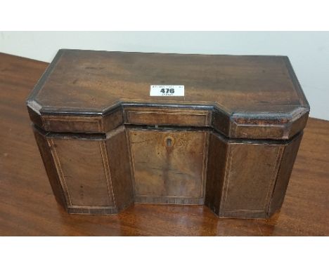 A Georgian Inverted Breakfront Mahogany Tea Caddy, having boxwood inlay, opening to reveal three lidded compartments.