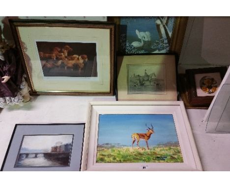An Oil on Canvas by N. Halpenny depicting an antelope, a further oil depicting swans, a hunting print after a pencil sketch t