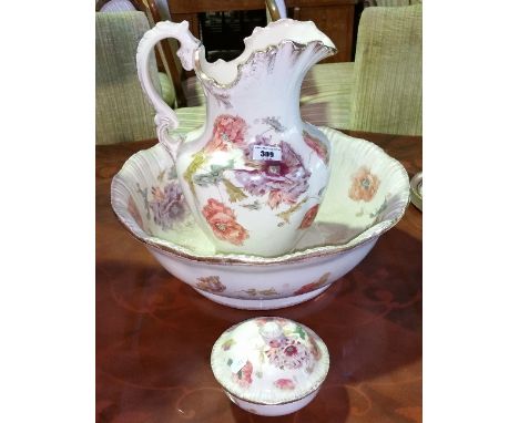 A Good 19th Century Wash Jug, Basin and Soap Dish, in a floral pattern.