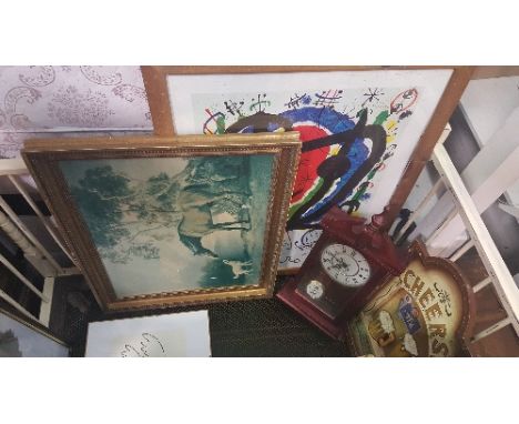 A Collection of Pictures, Prints, together a Singer sewing machine, brass table lamp &amp; modern wall clock, etc.
(Note: the