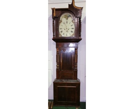 A William Born Mahogany Longcase Clock; having a moon phase dial with painted decoration, dated 1837. Clock needs restoration