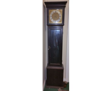 An 1900 Century Oak Longcase Thirty Hour Grandmother Clock; brass dial with cherub spandrels and silvered chapter ring, overa