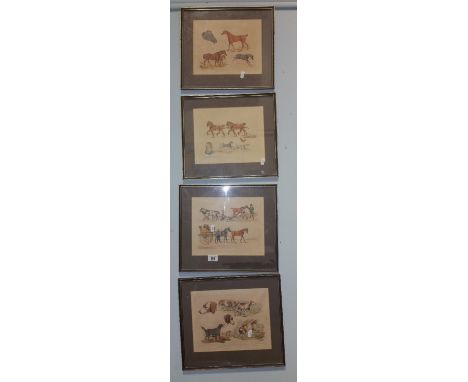 A Good Set of Four 19th Century Montages of Hunting, Dogs and Coaching Scenes; overpainted in watercolour.