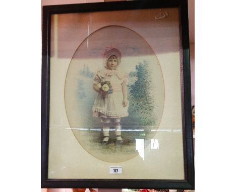 An Over-Painted Print - Young Girl with Flowers, in an oval mount, f & g. 40 x 29.5cm.