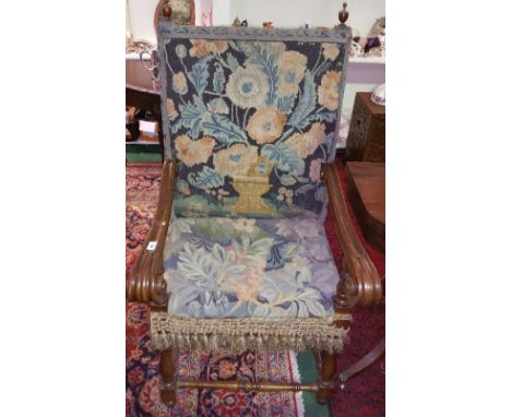 A Superb 19th Century Walnut Continental 'Throne' Chair with tapestry back and seat.