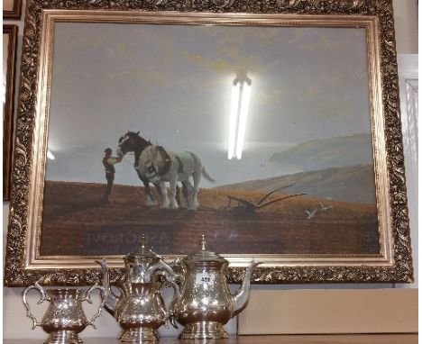 A Four Piece Plated & Engraved Tea Service, together with a large colour print of a horse ploughing after Coulson 54 x 73cm.