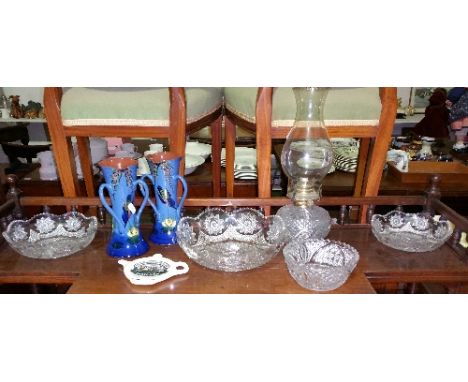 A Good Set of Three Graduated Glass Bowls, a glass oil lamp, a Jameson Whiskey stand and pair of Art Nouveau Torquay Ware vas