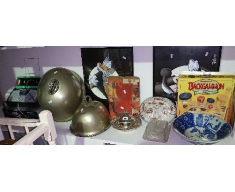 A Collection of Items to include two Disney prints, two 19th century meat domes, a large tapestry cushion cover, a set of 12 