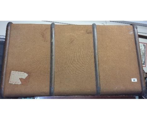 A Large Vintage Travel Case, having leather handles and external wooden ribs, 90cm X 50cm X 33cm.