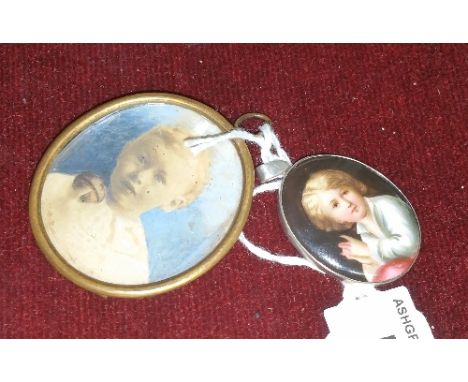 Two Portrait Pendants: One on Enamel in a Hallmarked Silver Mount, the other a watercolour mounted in gold metal (2).