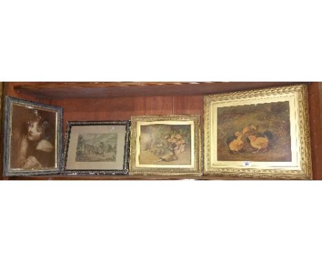 An Oleograph of Chicks Feeding, along with a still life, print of a lady and a countryside engraving (4).
