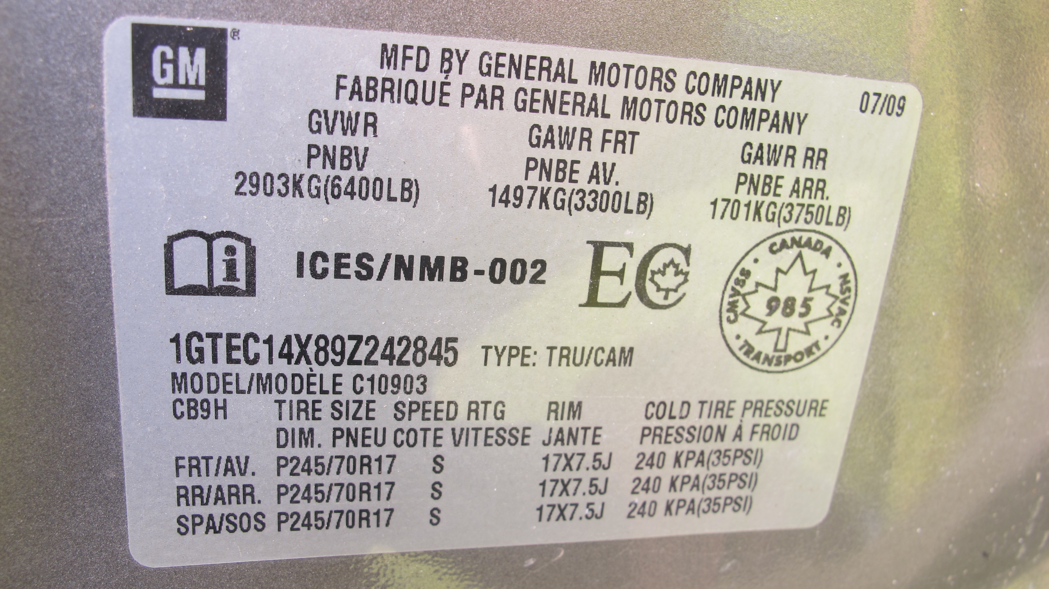 2009 GMC SIERRA 1500 ST PICKUP TRUCK VIN 1GTEC14X89Z242845 KM