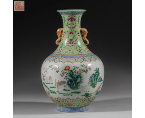 Chinese Qing Dynasty Jiaqing Enamel and Pastel Sanyang Kaitai Porcelain） Diameter：8cmH：29cm