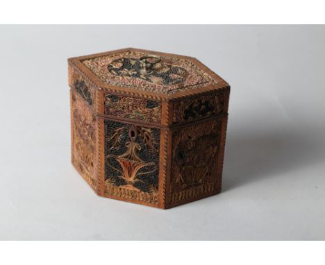 A late 18th century hexagonal quill work tea caddy with vase of flowers pattern and brass handle, 6 1/4" wide 