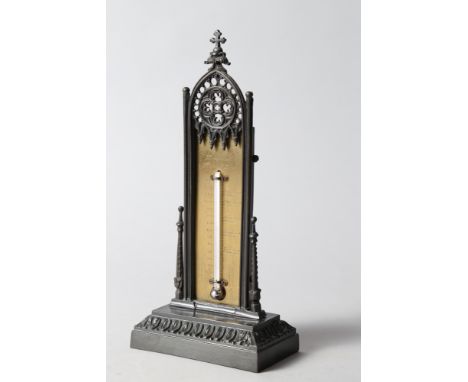 A 19th century bronze "Gothic" desk thermometer, 9" high 