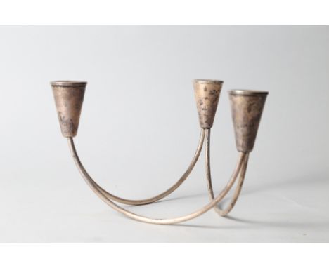 A mid century modern white metal three-light candelabra, marked Sterling 5 3/4"h x 9 1/2" w