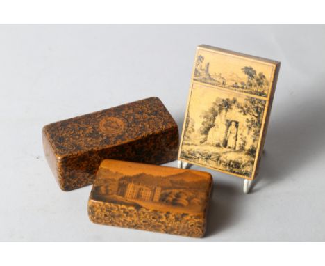 An early 19th century pen work snuff box with all-over floral design and coats of arms, 4" wide, an early 19th century pen wo