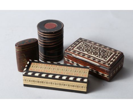 An African sandalwood bone and ebony geometric inlaid snuff box, 3 1/2" wide, a modern Spanish parquetry dice box, 3 7/8" wid