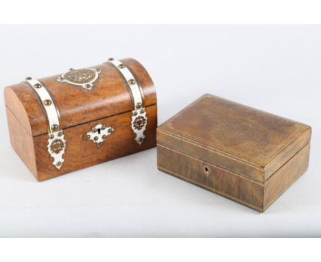 A 19th century burr walnut, ivory and metal bound domed topped stationery box, 8" high, and a green leather and gilt lined je