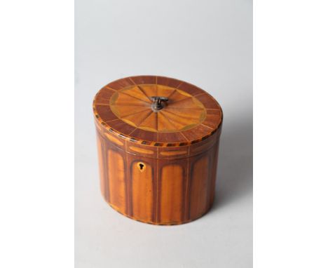 A Georgian DESIGN mahogany, satinwood, hardwood and box line inlaid oval tea caddy with brass handle, 5 1/2" dia