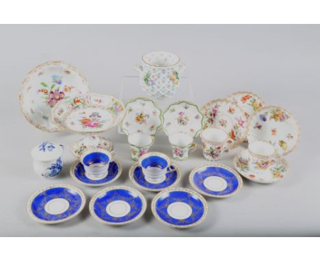 A selection of Continental ceramics, including Dresden floral decorated cabinet cups and saucers, a similar comport and dish,