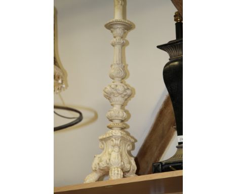 A white painted plaster table lamp with acanthus leaf decoration and fluted column, 31 3/4" high 