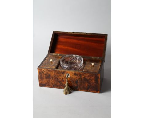 A 19th century mulberry two-division tea caddy with cut glass blending bowl, 11 1/4" wide 