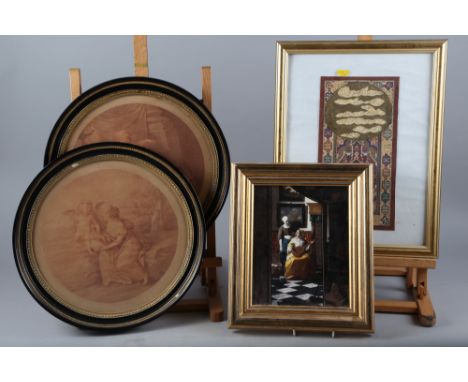 A pair of 19th century Bartolozzi circular sepia prints of figures and cherubs, in Hogarth frames, an Arabic watercolour pane
