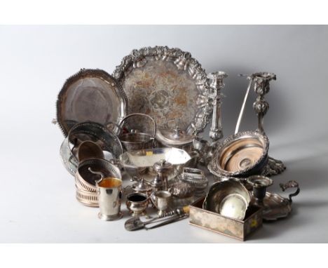A silver plated pie crust salver, a plated collapsible beaker, in leather case, three plated bottle coasters, a plated chambe