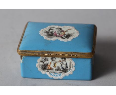An early 18th century blue and polychrome enamelled rectangular box with woman holding snuff box to interior, 2 3/4" wide (da