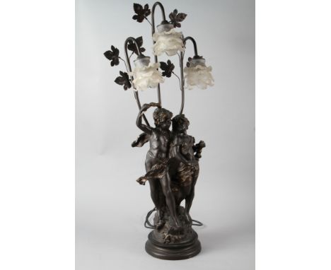 A "bronzed" table lamp of late 19th century design with two figures and three lights, 36" high 