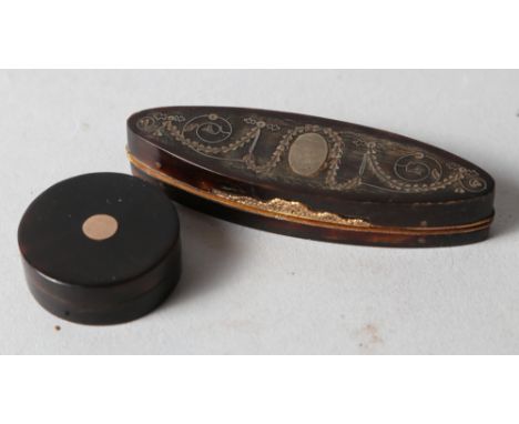 A late 18th century tortoiseshell yellow and white metal inlaid oval patch box, 3" wide, and a tortoiseshell and yellow metal