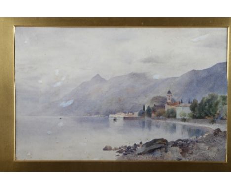 R Lightbody, '86: watercolours, Italian lake scene, 9 1/2" x 15", in gilt frame, and an early 20th century watercolour, Itali