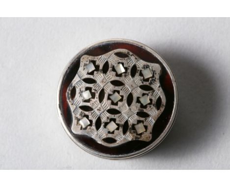 A Georgian white metal tortoiseshell and mother-of-pearl inlaid patch box, 1 1/2" dia 