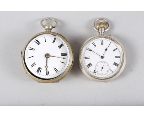 A silver cased open faced pocket watch with fusee movement, white enamel dial and Roman numerals, and a similar top wind pock