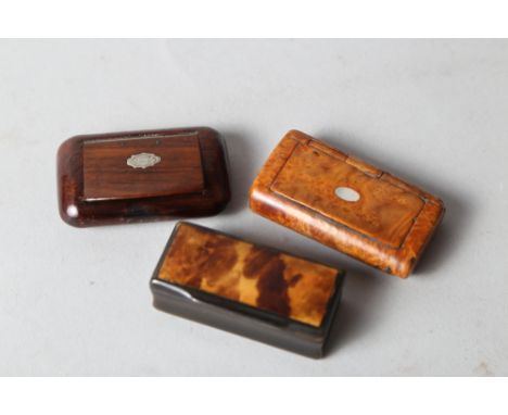 A 19th century maple and mother-of-pearl inlaid snuff box, 2 1/2" wide, a rosewood and white metal inlaid snuff box, 2 1/2" w