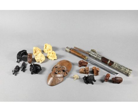 A Chinese hardwood and&nbsp; metal mounted trousse set with knife and chopsticks to/w a small collection of Japanese resin an