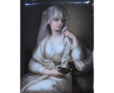 A 19th century German porcelain rectangular plaque, painted with 'The Wise Virgin' (with her lamp), after Angelica Kauffman, 