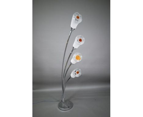 A Mezzago/Murano four-branch chrome floor-lamp with 'fried egg' glass shades, 175 cm high, c/w three spare shades