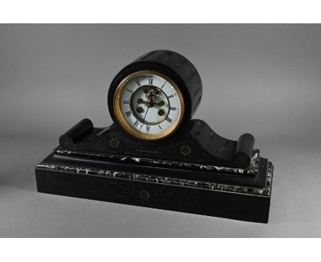 A late Victorian slate and marble mantel clock, the 8 day drum movement stamped 'PB' with white enamel dial, striking the hou