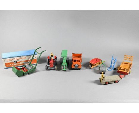 Dinky Toys: 25m Bedford End Tipper, 25p Aveling Barford Road Roller, 14a B.E.V. Electric Truck, 27a Massey Harris Tractor wit